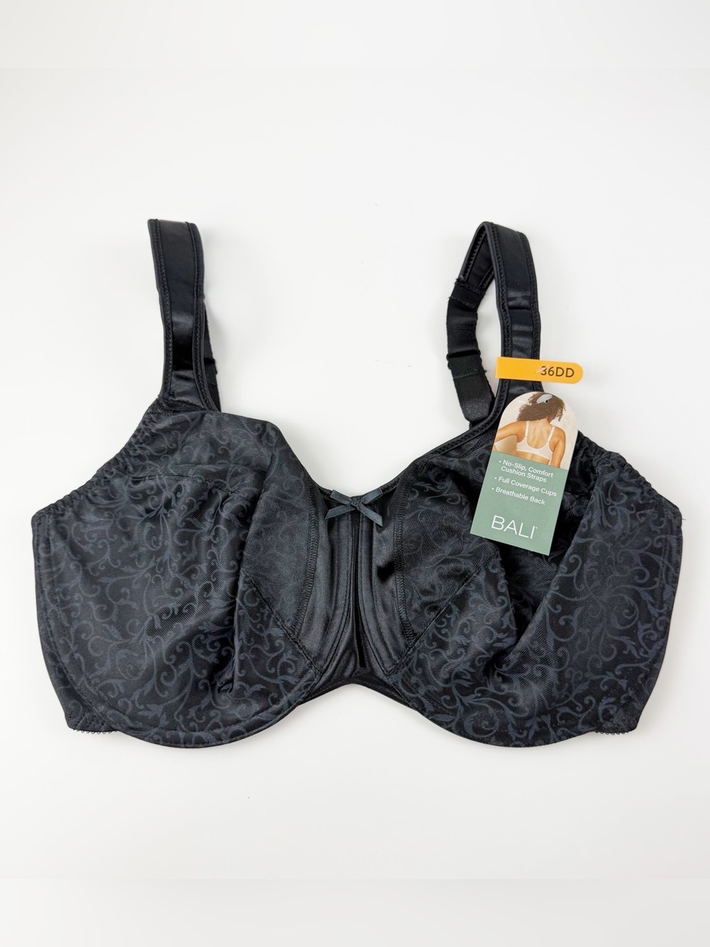Bali Bra 36DD Black Minimizer Satin Tracing Comfort Strap Underwire Bra NWT 3562